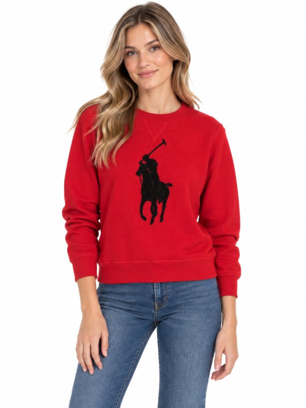 POLO RALPH LAUREN Womens Red Sweatshirt Big Textured Pony Logo Crewneck Medium